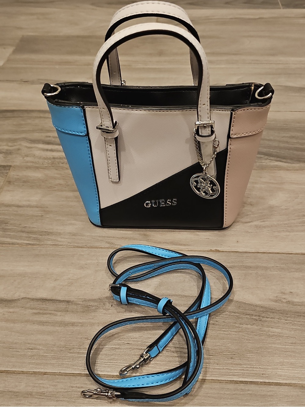 Guess Delaney Petit Crossbody Top Handle Mini Tote Shoulder Bag Blue Black White